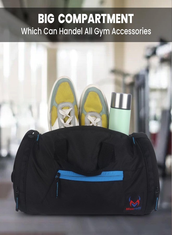 Monvelli Gym Duffel Bag for Men & Women | Sports Travel Bag with Shoulder Strap & Shoe Compartment | Multipurpose Duffel for Fitness, Travel, Outdoor & Weekend Trips (Black & Sky Blue) - Image 4